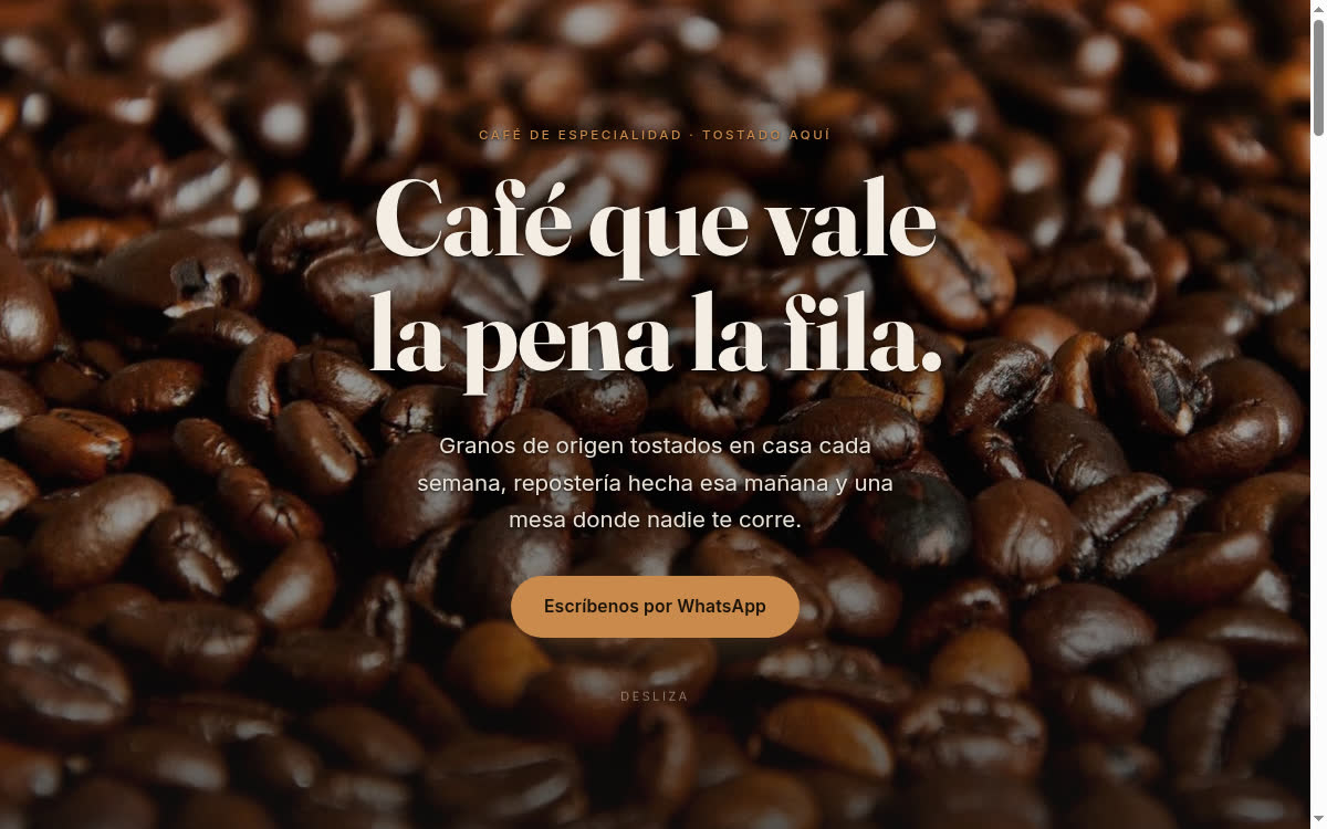 Portada del sitio demo de una cafetería de especialidad